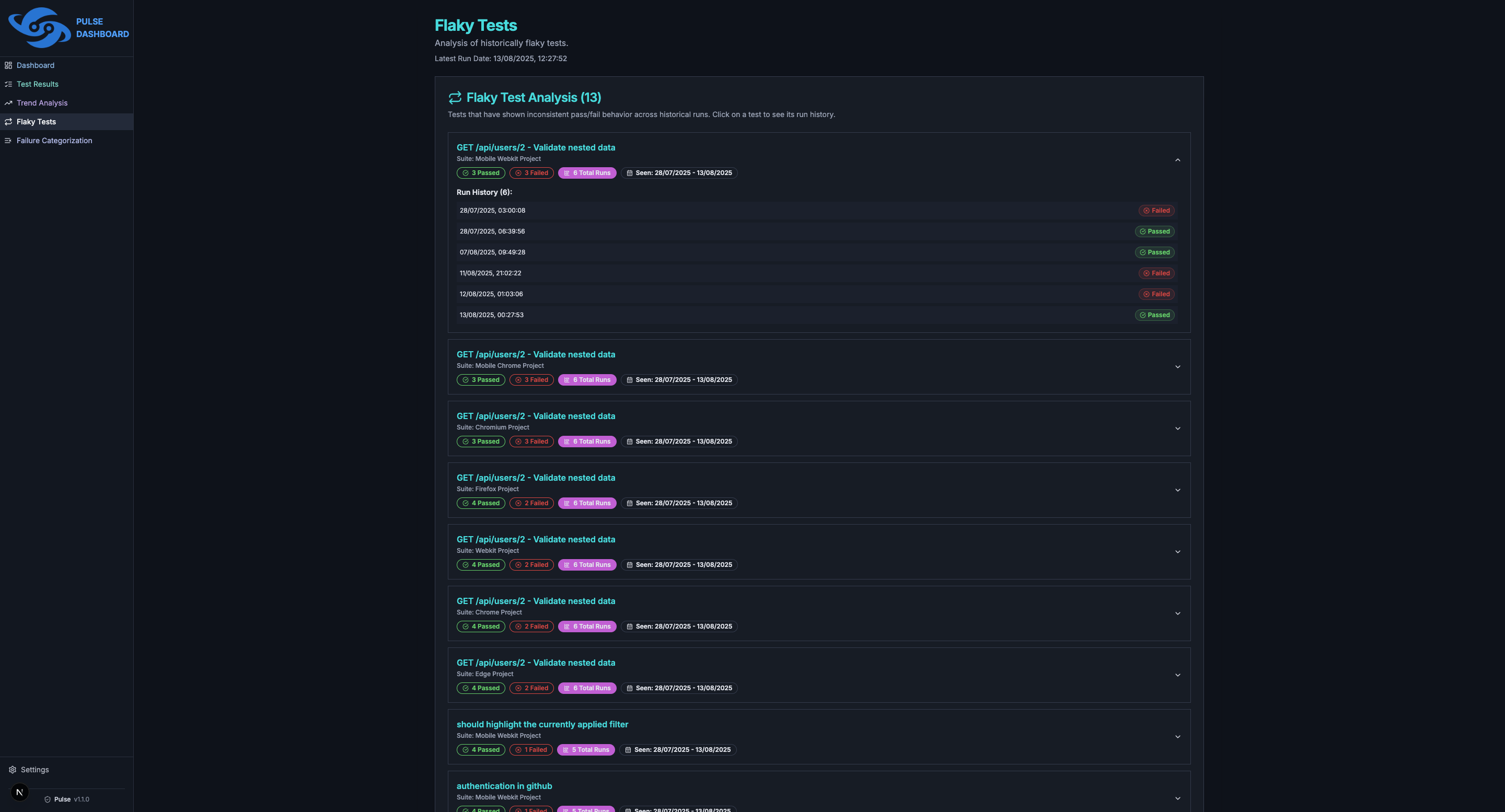 Pulse Flaky Tests Page - expanded details