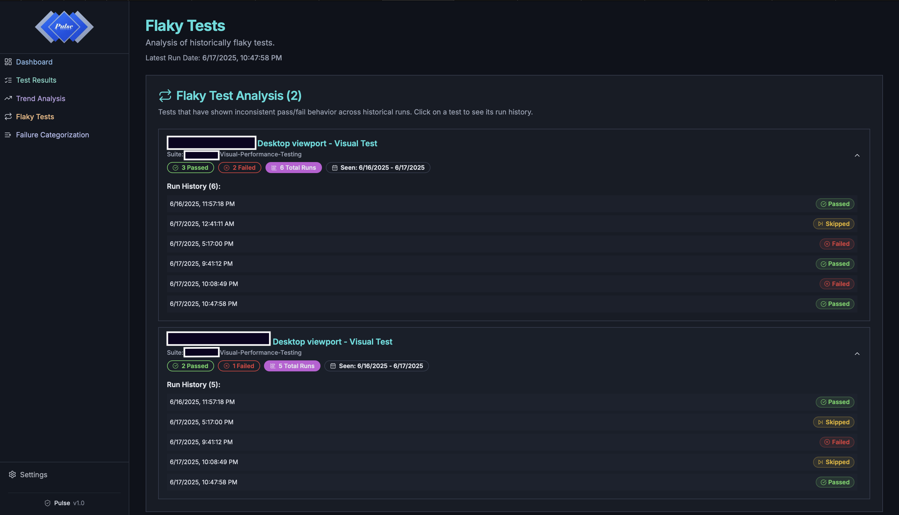 Pulse Flaky Tests Page