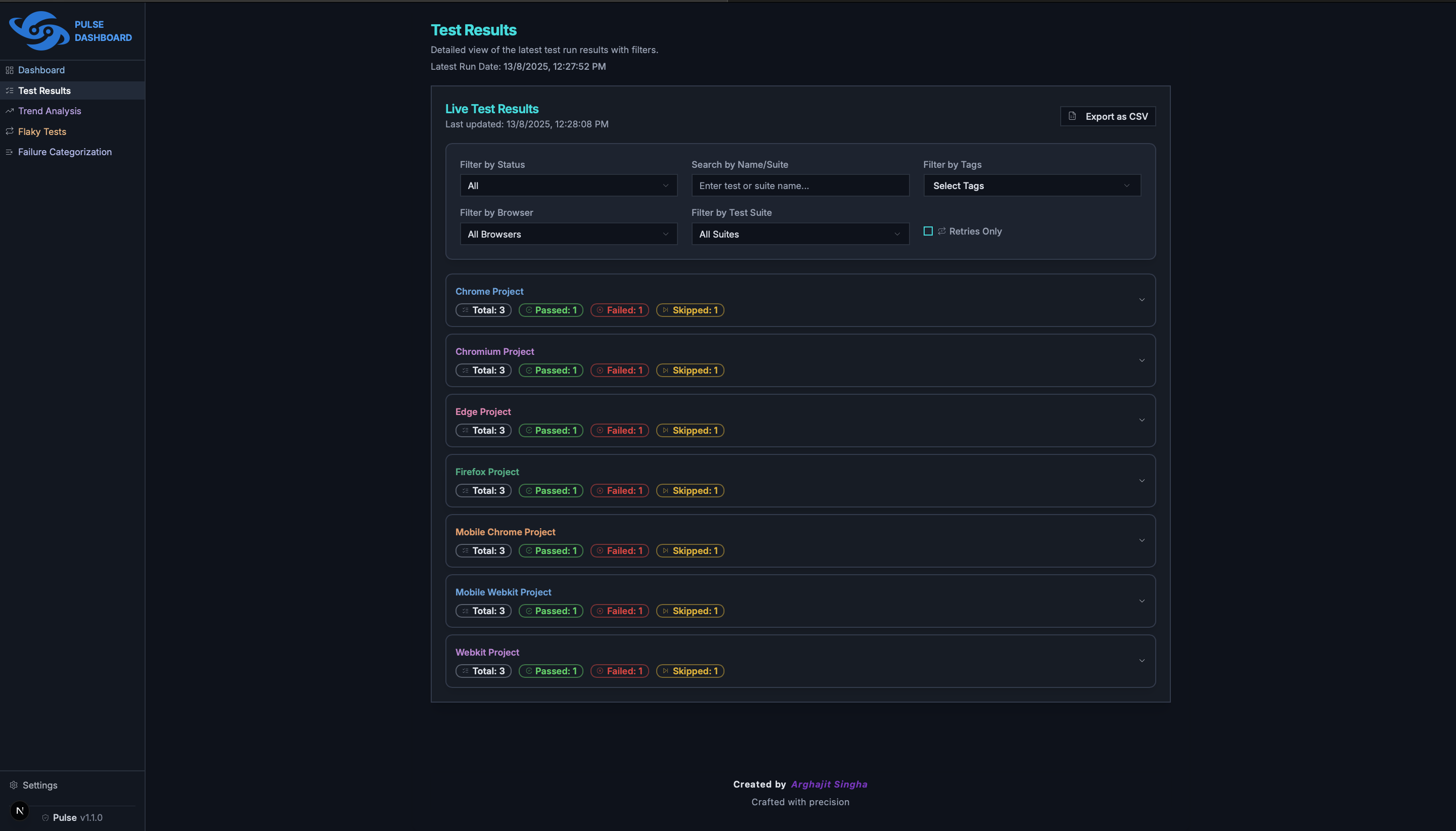 Pulse Test Results Page